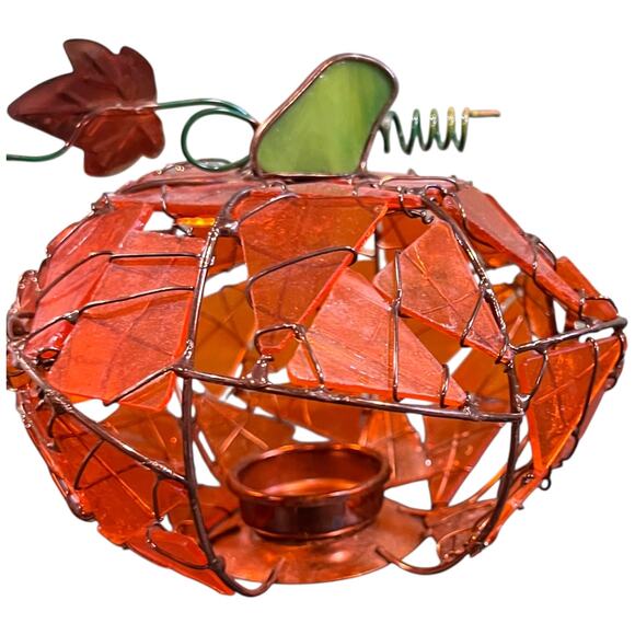 Handcrafted Stained Glass Pumpkin Candle Holder Fall Autumn Decor Art - Picture 8 of 11